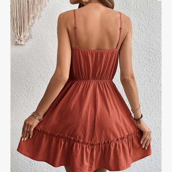 Small Rust Orange Laced Summer Flowy Short Flair Dress with Detailed Ruffling. - Picture 2 of 12
